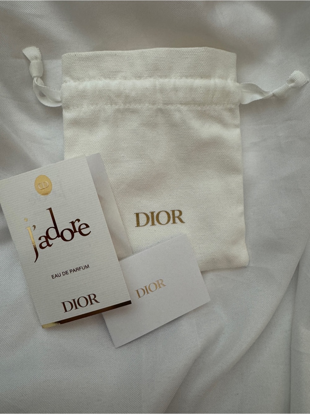 Dior White Drawstring Cosmetic Pouch with Gold Logo